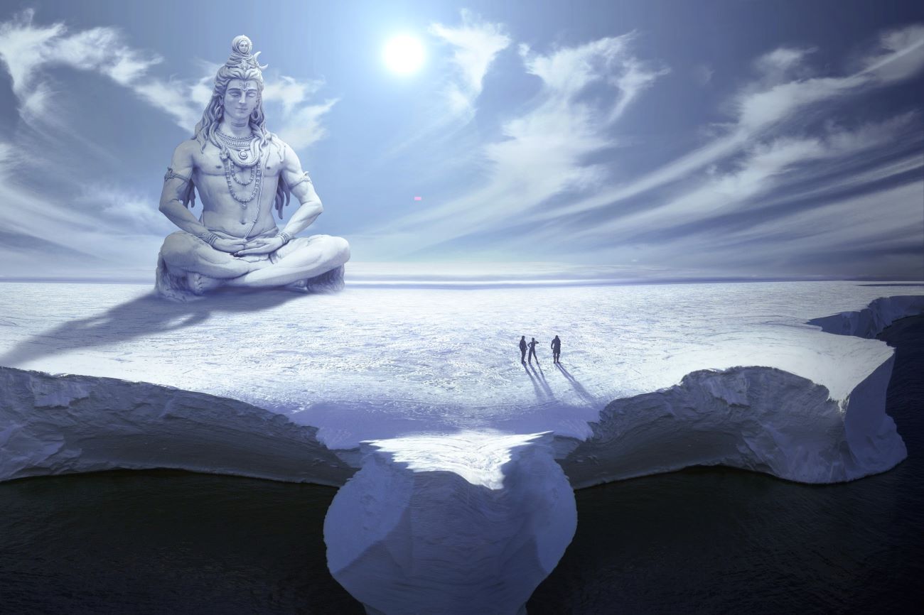Fantasiekarte: Eis und Meer, eine Gottheit meditiert