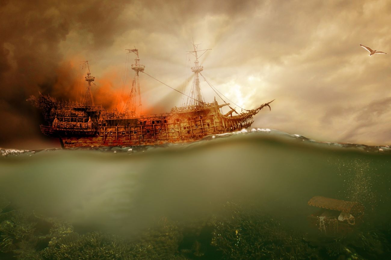Märchenkarte: Piratenschiff, Schatzkiste im Meer