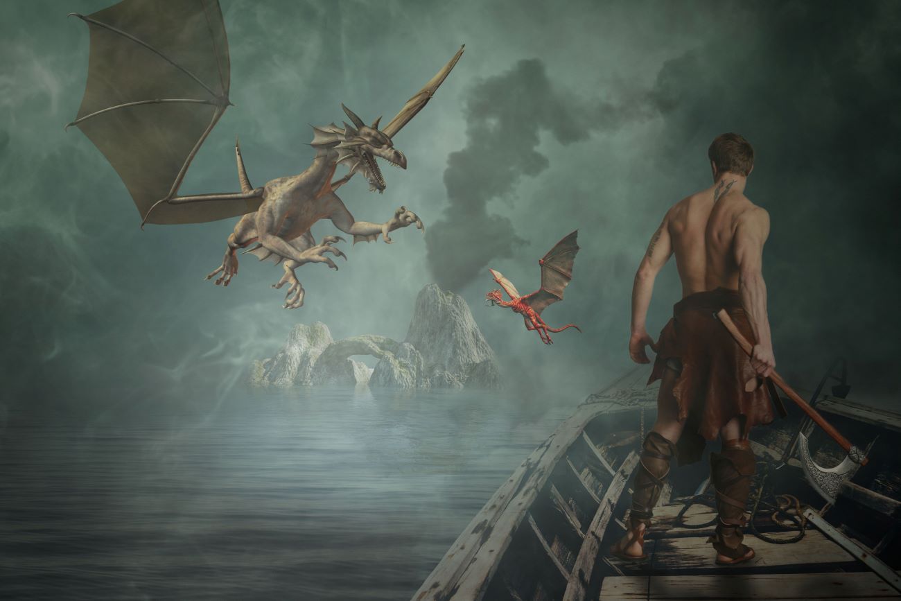Märchenkarte: Drachen, Felsen, starker Held auf einem Boot