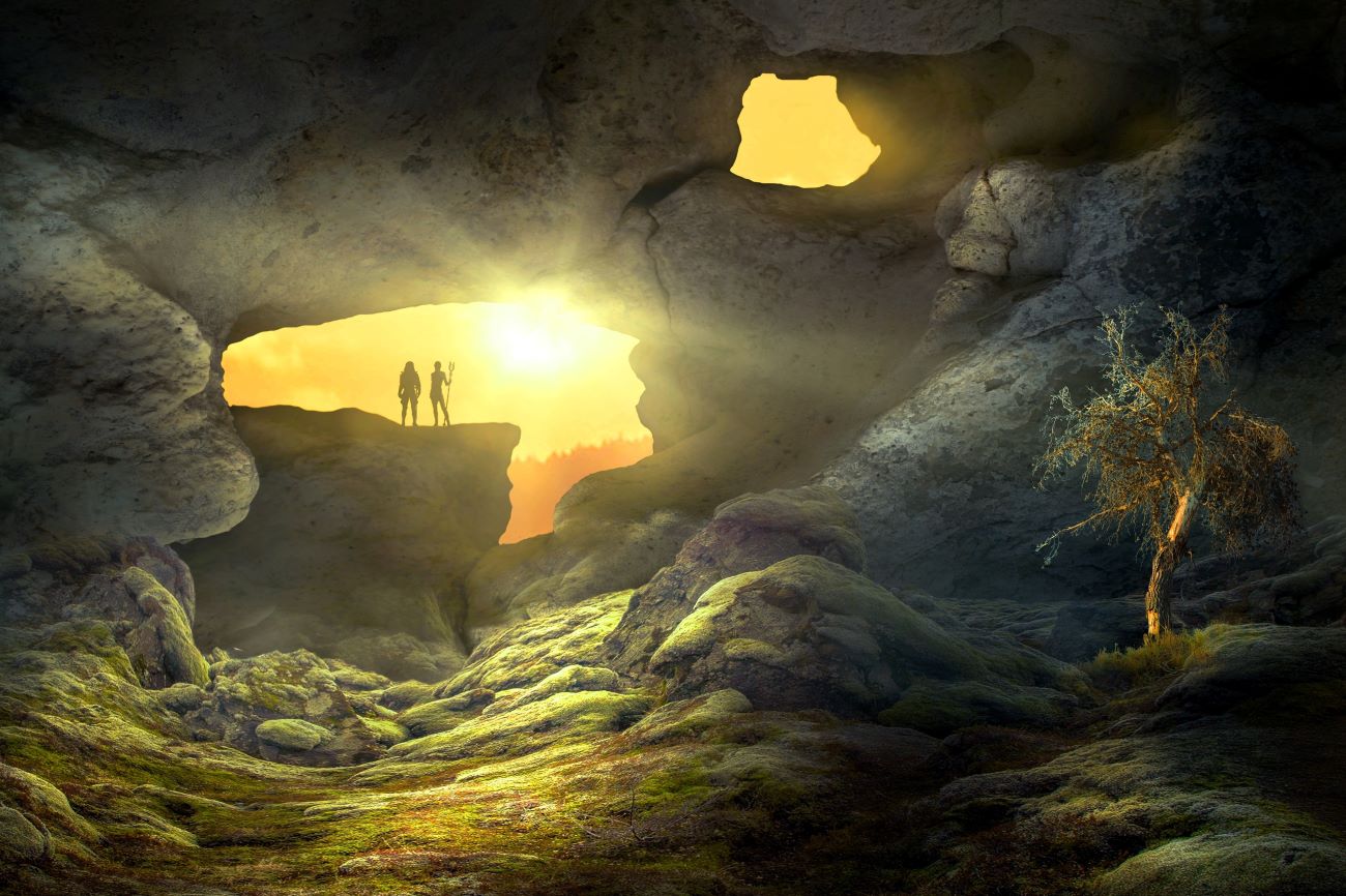 Fantasiekarte: Höhle, Licht, Zwei Menschen